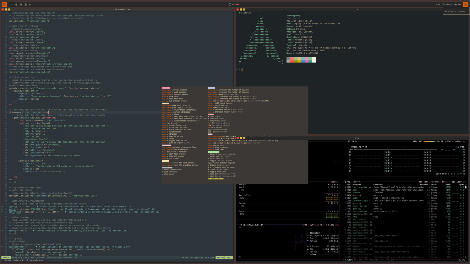 SomeWM desktop with a themed bar, the hotkeys popup, and tiled terminals